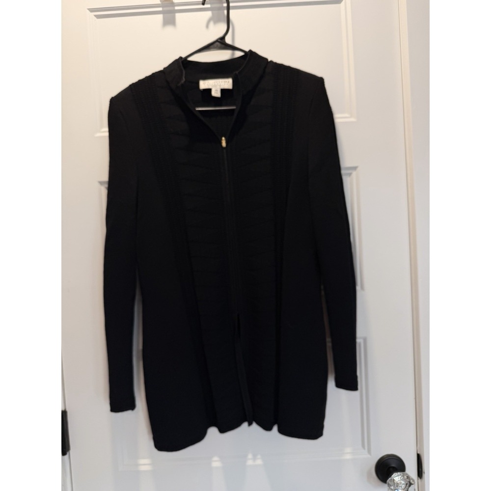 ST. JOHN COLLECTION Marie Gray Black Knit Zip Front Cardigan Jacket Sz 10 USA